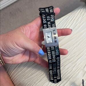 L.A.M.B Black Script Strap Women's Watch with Silver Rectangular Case